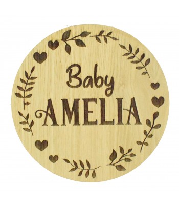 Laser Cut Oak Veneer Personalised Birth Announcement Plaque - Baby... with Hearts and Leafs Frame